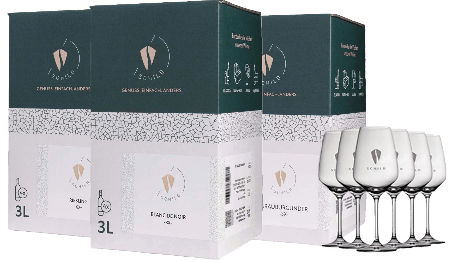 Kennenlern-Paket Bag-in-Box (BiB) + 6 Gläser