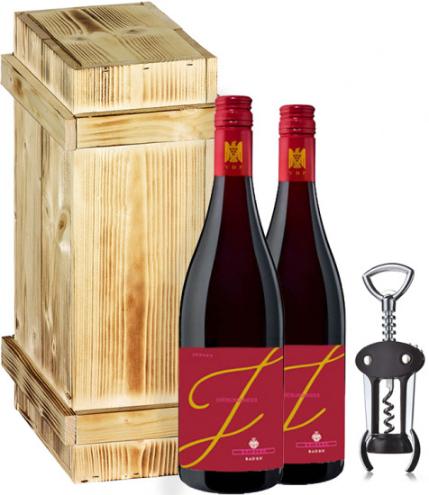 Stigler Spätburgunder-Geschenkpaket mit Flügelkorkenzieher & Holzkiste