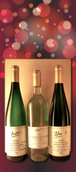 Weinpaket Holzkiste (3-er Präsent) - Weingeschenk Halbtrocken - Weingut Heiden