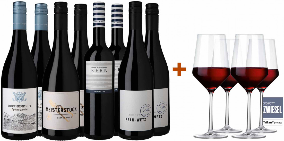Großes Rotwein Entdecker-Paket inkl. 4 Zwiesel Pure Rotwein-Gläser