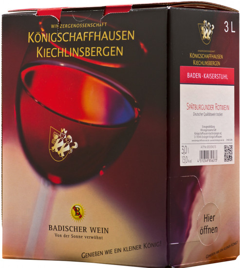 2014 Baden Spätburgunder Bag-In-Box Dt. QW 3L trocken Weinschlauch - Winzergenossenschaft Königschaffhausen-Kiechlinsbergen