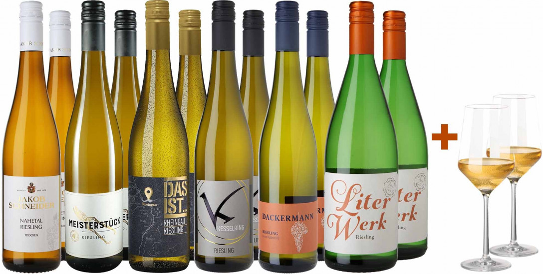Großes Riesling-Paket + 2 Gratis Zwiesel Pure Gläser 