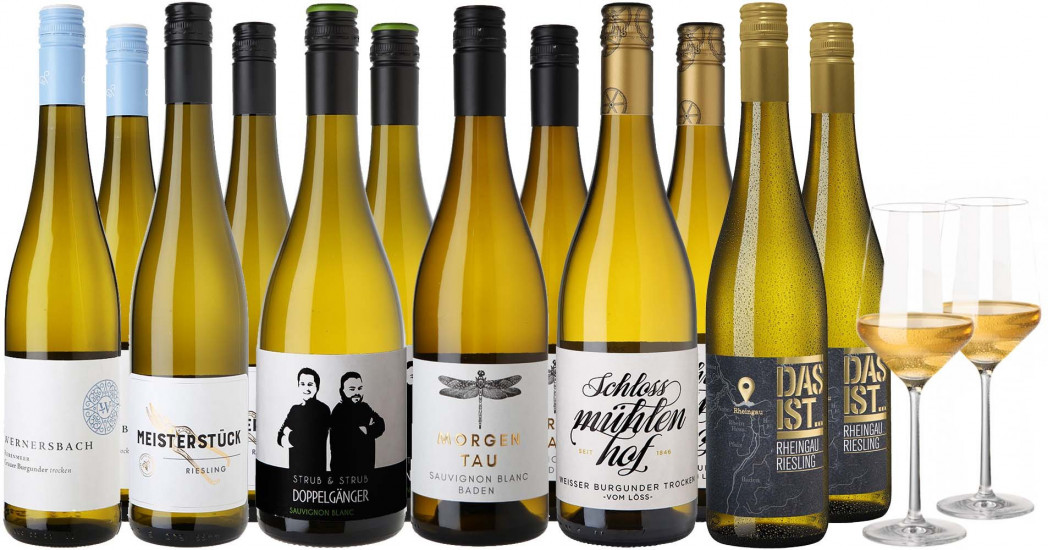 Großes Grillwein-Paket Weiß + 2 Zwiesel Pure Gläser  