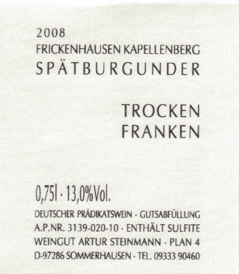 2020 Sommerhausen Steinbach Spätburgunder trocken - Weingut Artur Steinmann