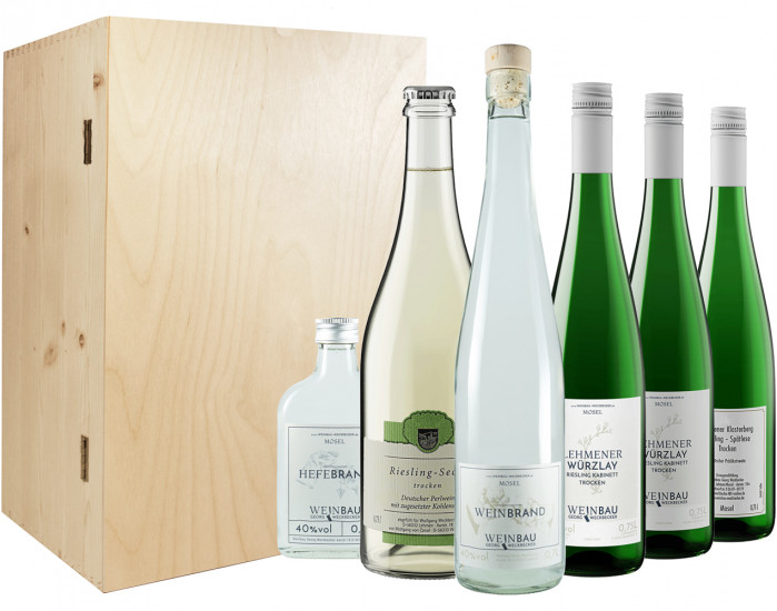 Wein & Brand in edler Holzkiste - Weinbau Weckbecker