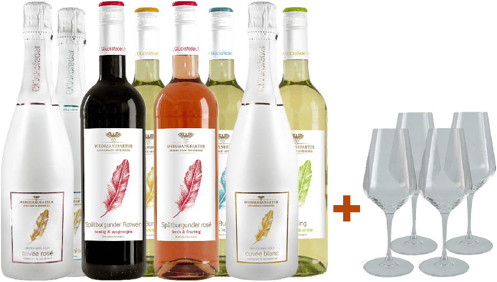 Glücksfeder Entdecker-Paket + 4 gratis Weingläser - Weinmanufaktur Gengenbach
